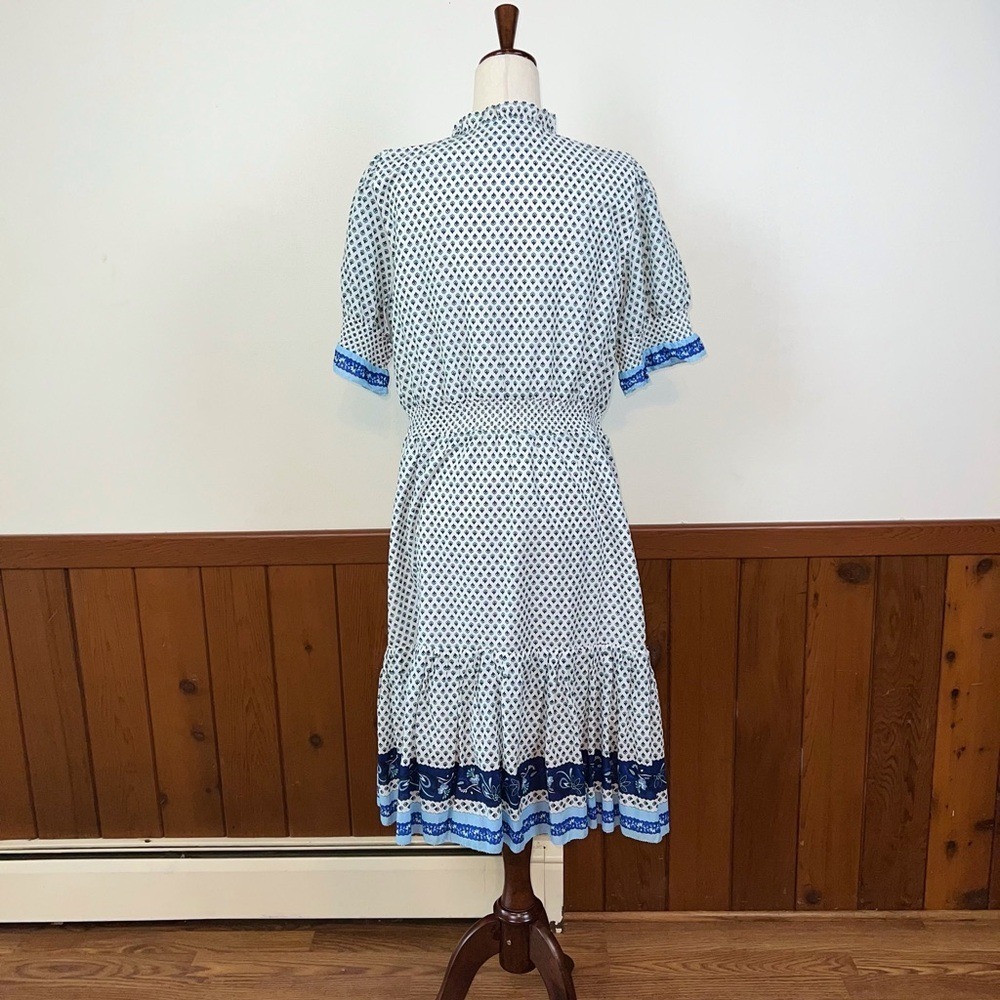 J. Crew Women White Blue Ditsy Floral Border Print Midi Dress Ruffle Sleeve L - Picture 6 of 6